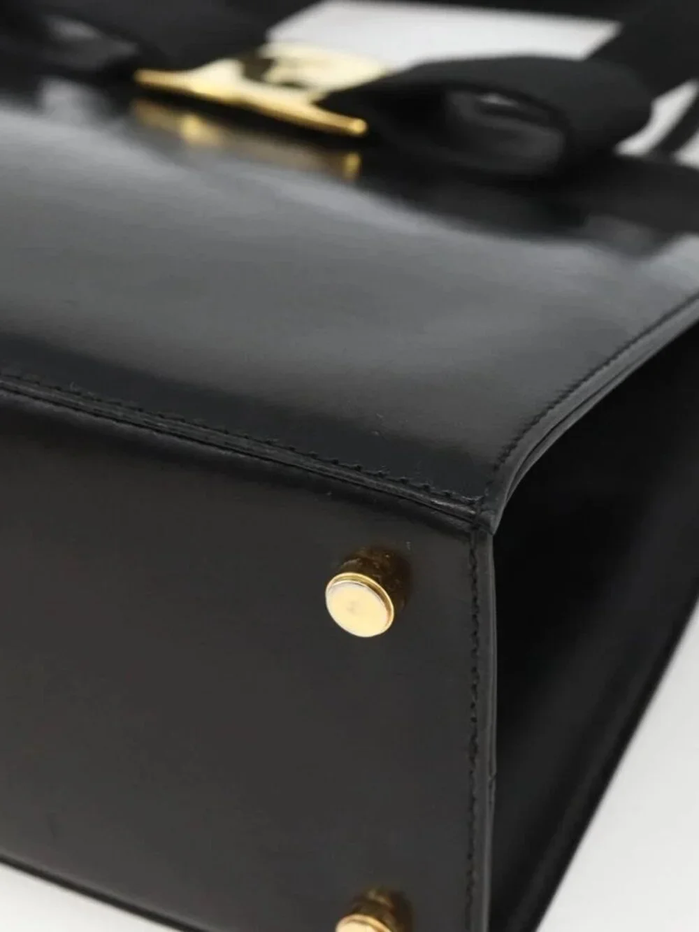 Salvatore Ferragamo Vala Ribbon Hand Bag Leather 2way Black Gold Auth ka3380